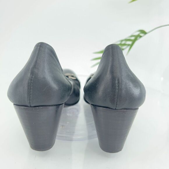 AGL Italy Women's Pump Size 39 9 Cap Toe Block Heel Chain Black Leather - Picture 7 of 14